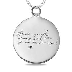 A unique yet anytime choice, this personalized and engravable handwriting disc pendant is perfect for everyday wear. Created in sterling silver This round disc showcases a handwritten message - provided by you - expertly transferred using modern technology. Further customize the look with up to four lines of messages - each up to 20 characters in length - inscribed along the backside. This pendant suspends along an 18.0-inch rope chain that secures with a spring-ring clasp. Please follow these s Watch Cufflinks, Handwriting Jewelry, Fingerprint Jewelry, Peoples Jewellers, Family Jewellery, Disc Pendant, Diamond Charm, 1 Image, Beautiful Gifts