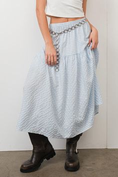 tiered gingham skirtelastic waistband, fully lined measurements are taken from a size smallwaist - 24"length - 34" content & care 50% rayon 50% polyester hand wash cold, line dry Blue Gingham, Clothing Co, Cardigan Jacket, Bottoms Pants, Denim Dress, Baby Blue, Blazer Jacket, Gingham, Cool Girl