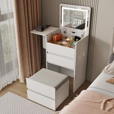 a white vanity with drawers and a mirror on the wall next to a beige bed