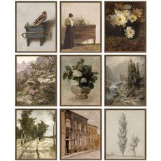 six paintings with flowers and birds in them