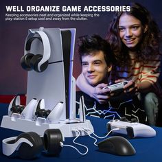 an advertisement for a video game console with two people holding controllers and remotes in front of them