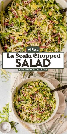 a salad in a white bowl on top of a table next to an image of the salad