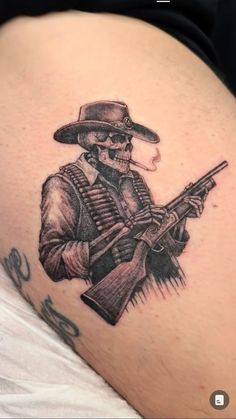 Men’s Tattoo Leg Sleeve, Tattoo For Lost Loved One For Men, Josey Wales Tattoo, Tattoo Texas Ideas, Skull And Barbed Wire Tattoo, Country Skull Tattoo, Country Western Sleeve Tattoo, Men Patch Work Tattoo Ideas, Gunslinger Tattoo Ideas