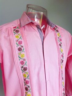 Beautiful Classic Mexican Pink Color Guayabera Long Sleeve For Men 2 Front Embroidered Panels Traditional Guayabera, Wedding Shirt, Very Classic, Polycotton Please check the sizing chart and compare with your clothes to make sure you pick the right size, customer pays return label in case of any exchange GUAYABERAS MAY RUN SMALL, PLEASE CHECK CHART MEASUREMENTS. Festive Long-sleeve Shirt With Floral Embroidery, Festive Long Sleeve Shirt With Floral Embroidery, Traditional Long Sleeve Wedding Shirt, Fitted Cotton Shirt With Resham Embroidery, Traditional Fit Long Sleeve Summer Shirt, Traditional Fit Long Sleeve Shirt For Spring, Traditional Festive Shirt With Floral Embroidery, Traditional Embroidered Fitted Shirt, Festive Traditional Shirt With Floral Embroidery