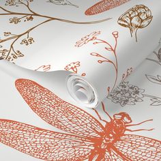 an orange and white wallpaper with dragonflies on it