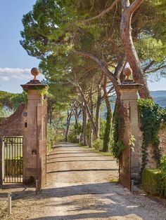 the entrance to an estate with trees and bushes on either side, surrounded by stone archways