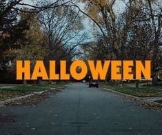 the words halloween are displayed in front of a road with trees and leaves on both sides