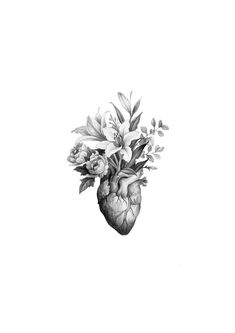 a black and white drawing of flowers in a heart