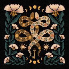 an ornate snake and key surrounded by flowers