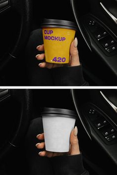 two pictures of a woman holding a coffee cup in her hand and the other side is empty