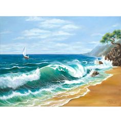 a painting of a beach with waves and a sailboat