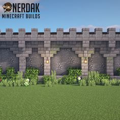 a screenshot of a brick wall with grass and flowers in front of it, the text nerdak minecraft build