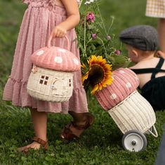 Meet our whimsical pink Mushroom Luggy. It exists in the world between practical and fairytale and is perfect for lugging about at home or on the go. Brimming with all the features that make our Classic Original Luggy such a hit, this handwoven rattan wheeled basket is ideal for storing and toting around prized possessions! The Mushroom Luggy hits just the right notes of vintage and quirky and makes a beautiful addition to any woodland-themed nursery or bedroom. This Luggy is designed to roam wh Fairy Tale Crafts, Kids Baskets, Pink Mushroom, Woodland Nursery Theme, Book Baskets, Whimsical Gifts