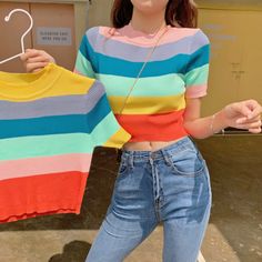 Rainbow Color Block Stripe Knit Top sold by Littlepinko on Storenvy Rainbow Top, Fashion Moodboard, Dark Outfits, Korean Girl Fashion, Rainbow Art, Top Outfit, Loose Shirts, Rainbow Color, Knit Crop Top