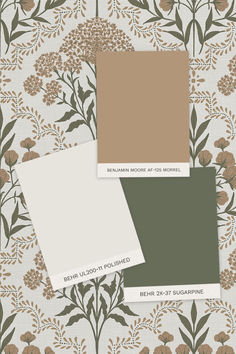 three different shades of green and brown on a floral wallpaper pattern with flowers in the background