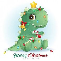 a green dinosaur with christmas lights on it's head sitting in front of a white background