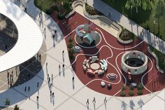 an artist's rendering of a public plaza with people walking around and trees in the background