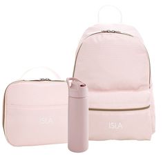 two pink backpacks, one with a water bottle and the other with a travel bag