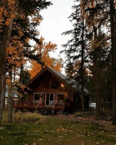 a cabin in the woods surrounded by trees with fall leaves on the ground and grass