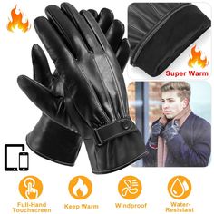 Highlights:1.FULL-HAND TOUCHSCREEN GLOVESDetails: *Features*: *FULL-HAND TOUCHSCREEN GLOVES*:Feature all 10 fingers and full palm TOUCHSCREEN function,NOT limited to 1-2 fingertips. Precision touch point control so that you can use any touch screen type devices with ease while wearing the gloves without taking off gloves during chill winter.*WARM & SKIN-FRIENDLY*:Adoption of premium synthetic leather and fleece lining which features softness of touch,warm and lasting comfort,excellent to keep your hands warm during winter and bring your comfortable wearing experience.*WINDPROOF & WATERPROOF*:Due to the quality synthetic leather for out layer,our winter gloves can resist snow,wind,rain and water in some extent;Moreover,it's also breathable.*STYLISH & ADJUSTABLE GLOVES*:Features classical bl Surprise Gifts For Him, Leather Gloves Winter, Winter Gloves, Outdoor Cycling, Touch Screen Gloves, Mens Gloves, Leather Gloves, Mitten Gloves, Black Design