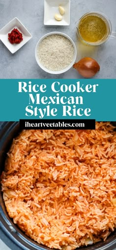 rice cooker mexican style rice in a crock pot with ingredients on the side