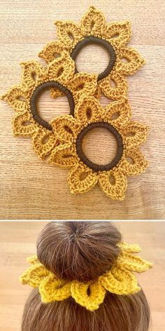 crocheted hair clips are shown in three different ways