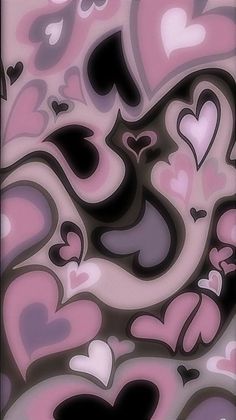 an abstract painting with hearts in pink, black and grey colors on a white background