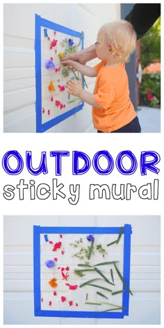 an outdoor sticky mural with flowers on it and the words out door sticky murail