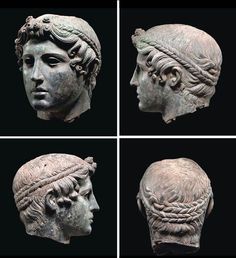 four busts of ancient roman women with braided hair and headdress, all in different angles