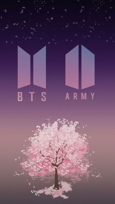 the bt's army logo is shown above a tree with pink flowers in it