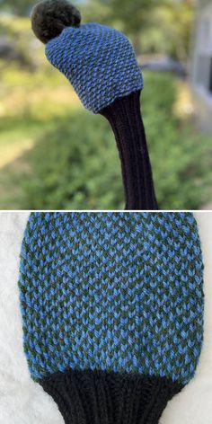 two photos showing the same blue and black knitted object