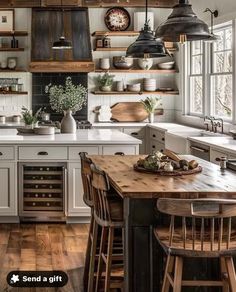 a kitchen filled with lots of counter top space and wooden furniture next to a window