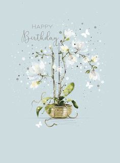 a happy birthday card with flowers in a gold vase on a light blue background and the words, happy birthday