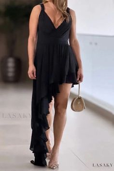 Lasaky - Asymmetrical V-Neck Backless Solid Dress with Elegant Irregular Design Dress Sleeve Length, Asymmetrical Neckline, Dresses By Length, Maxi Dress Party, Boho Stil, Solid Dress, Long Blouse, Black Maxi Dress, Long Maxi Dress