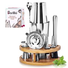 an assortment of kitchen gadgets on a wooden stand