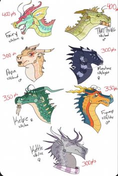 some different types of dragon heads with numbers on them and the names in each one