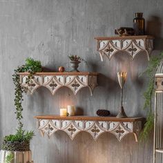 three shelves with plants and candles on them