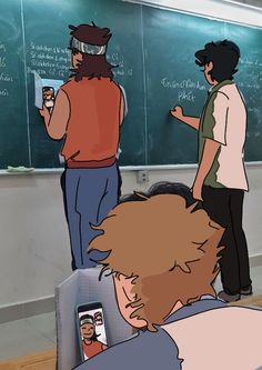 three people standing in front of a blackboard with writing on it and one person holding a cell phone up to his ear