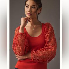 Nwt Maeve Lace-Sleeve Top * Cotton, Elastane; Polyester Sleeves * Pullover Styling * Machine Wash * Imported Dimensions Standard: * 23"L Casual Tops With Lace Sleeves For Fall, Fitted Top With Blouson Sleeves And Crew Neck, Chic Fall Tops With Lace Sleeves, Casual Fitted Blouse With Lace Sleeves, Fitted Pointelle Knit Crew Neck Blouse, Fitted Puff Sleeve Tops For Layering, Fitted Tops With Lace Puff Sleeves, Elegant Red Top With Blouson Sleeves, Red Long Sleeve Knit Top For Spring