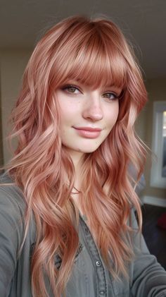 Rose Gold Peach Hair, Raspberry Blonde Hair, Vivid Shag Hair, Pinky Orange Hair, Color Tips Hair, Red Peach Hair, Rose Gold Lowlights, Fall Hair Colors Blonde, Blush Hair Color