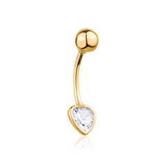 14k gold belly rings with heart-shaped gemstones A perfect combination of luxury and romance. Massete's irresistible 16 gauge (1.2mm) gold navel rings feature dazzling cubic zirconia stones in the shape of a heart, symbolizing love and affection. The 21mm length (almost 1 inch) ensures a stunning, eye-catching look that will make you feel confident and alluring. Crafted with the utmost care and attention to detail, these gold belly button rings are designed for both style and comfort. The easy-g Elegant Heart-shaped Internally Threaded Belly Rings, Elegant Heart-shaped Belly Rings, Gold Heart-shaped Elegant Piercings, Elegant 14k Yellow Gold Belly Rings, Elegant Gold Heart-shaped Piercings, Elegant Gold Heart Piercings, Elegant Gold Piercings With Gemstone, Elegant Heart-shaped Wedding Belly Rings, Elegant 14k Gold Belly Rings For Gift