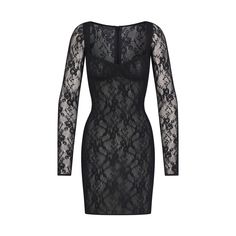 Suit up for a night to remember in this all-over stretch lace mini. This sexy silhouette serves your curves with a flattering straight neck, stretchy unlined cups with underwire, and an internal floating bra wing for support. Features mesh lining through the body, sheer sleeves, and an invisible zipper in the back. Fits true to size. Long Sleeve Lace Black Dress Short, Sheer Lace Dress Long Sleeve, Underwire Dress, Lace Long Sleeve Dress, Stretch Lace Dress, Lace Underwire, A Night To Remember, Form Fitting Dress, Silk Slip Dress