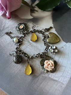 Adorably sweet vintage charm bracelet. Charm Bracelet Vintage, San Angelo, Vintage Charm Bracelet, Key To My Heart, Bracelet Vintage, Rhinestone Jewelry, Charm Bracelets, Vintage Charms, My Heart