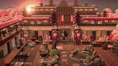 an image of a chinese style house with pink flowers in the front and red lanterns on the roof