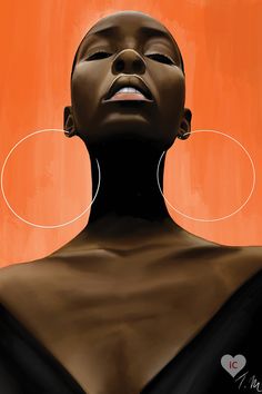 a painting of a woman with large hoop earrings on her head and an orange background