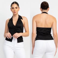 Trendy, Stylish Knit Black Sleeveless Crop Top Featuring: Collared Halter Neckline, Front Button-Down, Ruched Design, Open-Back, And A Waist Length. Perfect Piece To Add To Your Spring And Summer Wardrobe Collection. Available In Sizes S-L. Size S (4-6) Size M (8-10) Size L (12-14) Recommended Size: True To Size 91% Polyester 9% Spandex Ships In 5-7 Days Trendy Stretch Halter Top Sleeveless Blouse, Trendy Stretch Sleeveless Halter Top, Fitted Sleeveless Blouse Tank Top For Day Out, Versatile Sleeveless Halter Top For Night Out, Fitted Casual Sleeveless Halter Blouse, Fitted Casual Sleeveless Halter Top, Trendy Sleeveless Top For Going Out, Stretch Sleeveless Tops For Date Night, Stretch Sleeveless Tops For Going Out