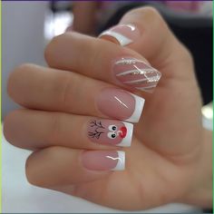 Classy Nail Art Ideas, Fake Nails With Glue, Blue Nail, Winter Nail Designs, White French, Stick On Nails, Xmas Nails