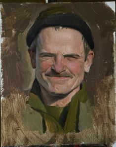 an oil painting of a man with a hat and green jacket smiling at the camera