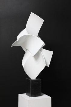 a white sculpture sitting on top of a wooden block in front of a black wall