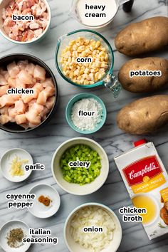 the ingredients needed to make this recipe include potatoes, peas, corn, chicken, and seasoning